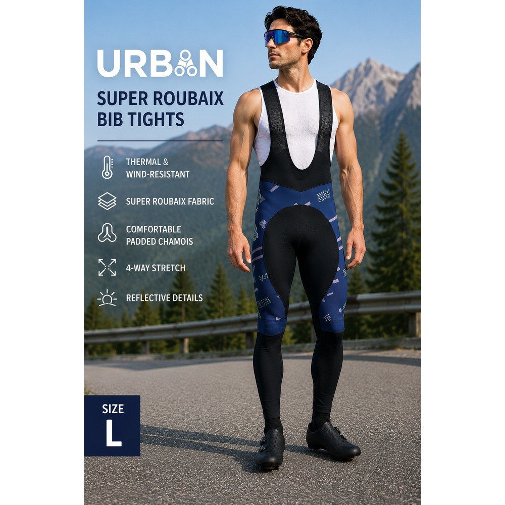 Urban Super Roubaix Cycling Bib Tights Mens Large Blue Black Thermal Padded